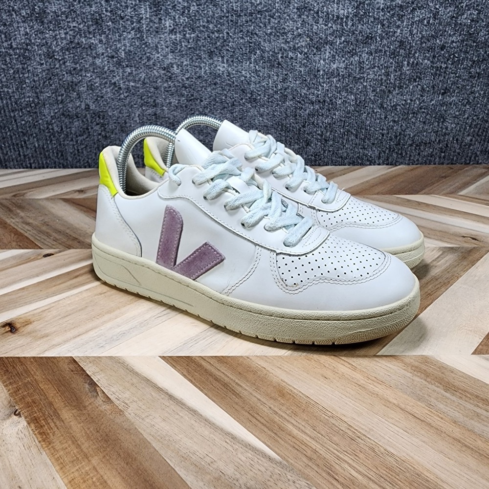 Veja White Leather Sneakers with Purple V Logo and Yellow Heel Accent
